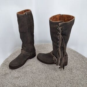 Frye 7.5 Veronica Strap Boots Distressed Suede